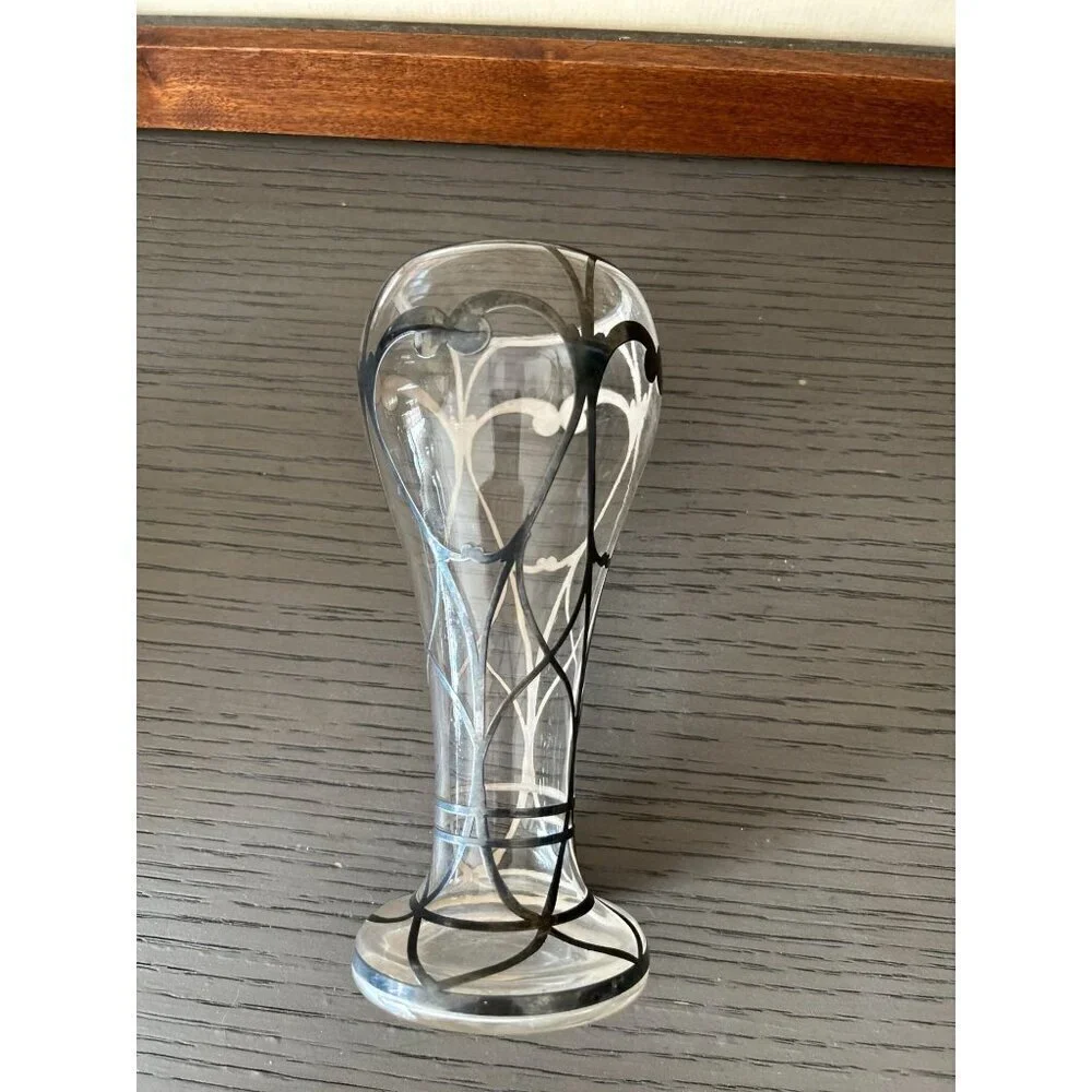 Handblown Art Glass Vase With Black & White Abstract Design - Elegant Decorative